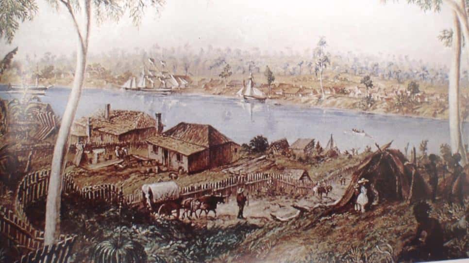 Figure  SEQ Figure \* ARABIC5: Barnes’ oil painting of South Brisbane - view from Dorchester Street camp (1850s – courtesy Royal Historical Society of Queensland Library)
